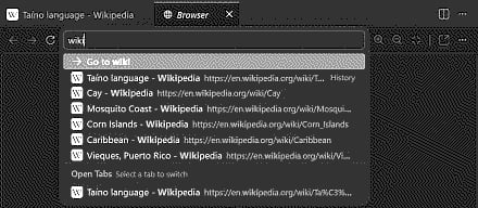 Screenshot showing the URL bar in the integrated browser, with an input of "Wiki" showing several Wikipedia pages from history.