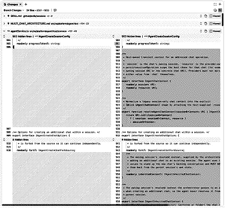 Screenshot showing file-level diff statistics and compact, aligned gutters in the multi-file diff view.
