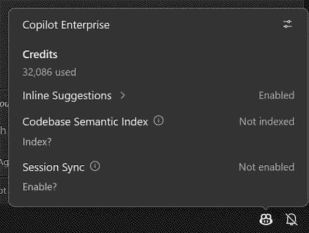 Screenshot showing the Copilot status menu displaying aggregate credit usage for a Copilot Enterprise user.