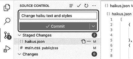 Screenshot of the "Source control" side bar. The commit message, "Change haiku text and styles," and the "Commit" button are outlined in orange.